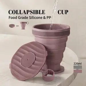 Harkapy Collapsible Silicone Cup 220ml Food Grade With Lid And Finger Ring Portable Reusable Folding Cup For Travel Camping Hiking Office
