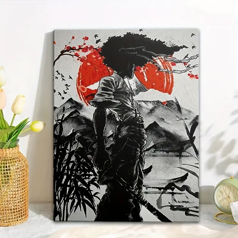 Afro Samurai Anime Wall Art, Japanese Style Decor with Vibrant Red Sun & Black Background, Perfect for Bedroom, Living Room, Office, Dorm, or Game Room Decor
