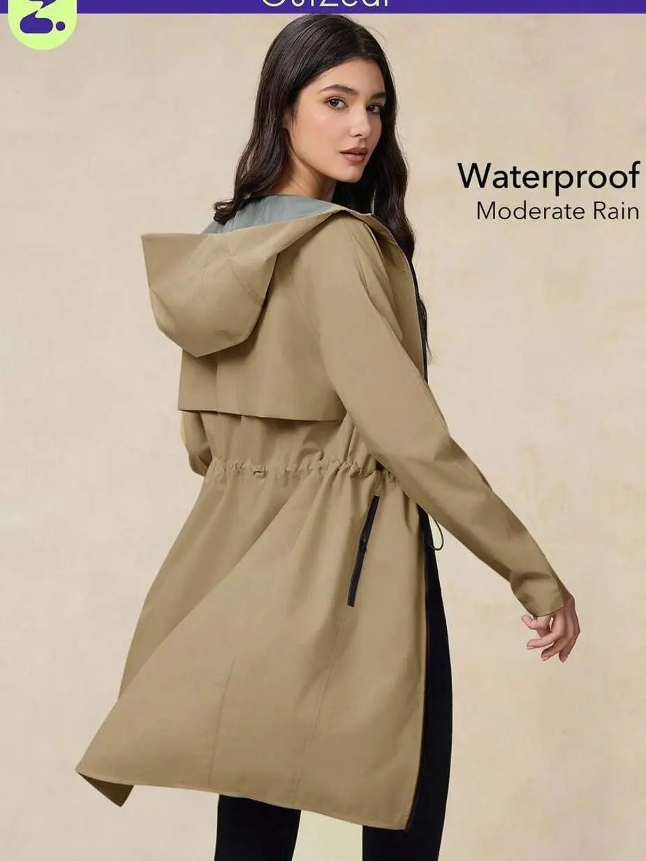 Women's Hooded Water Resistant Outdoor Shell Jacket, 3 Layer Tech Fabric Long Windbreaker with Drawstring Waist for Hiking, Camping, Fall Winter