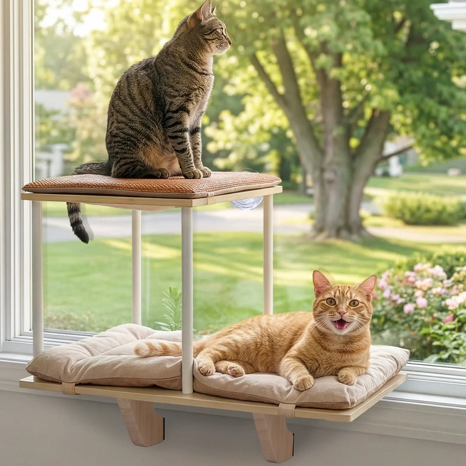 PETSFIT Cat Window Perch,Dual-Level Hammock with Suction Cups & Wooden Base, Supports Large Cats & Multi-Cat Families, Reversible Cushions, Tool-Free Installation sohochic