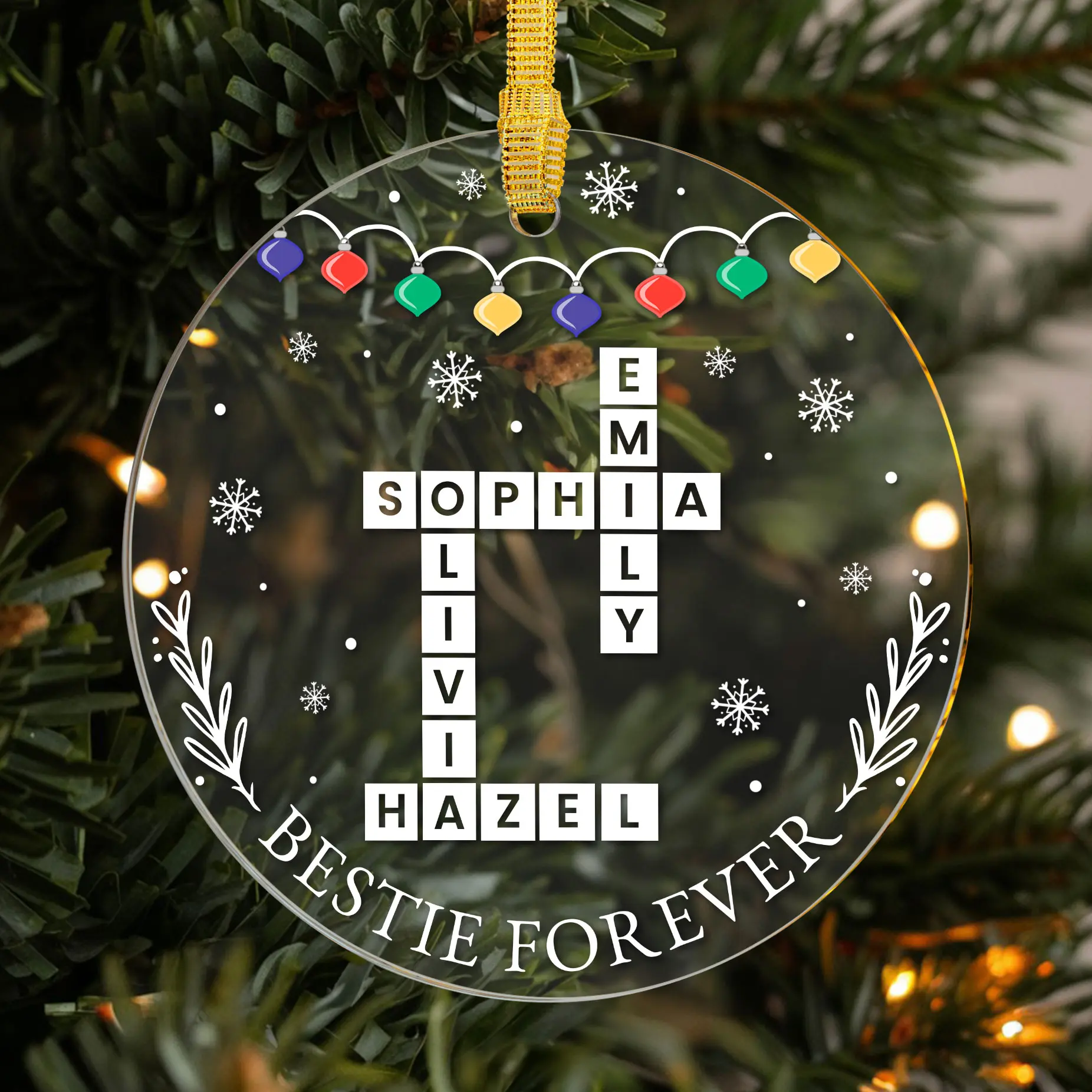 Personalized Bestie Forever Acrylic Ornament, Custom Name Crossword Design for Close Friends, Heartfelt Christmas Tree Decoration, Perfect for Long-Lasting Friendships
