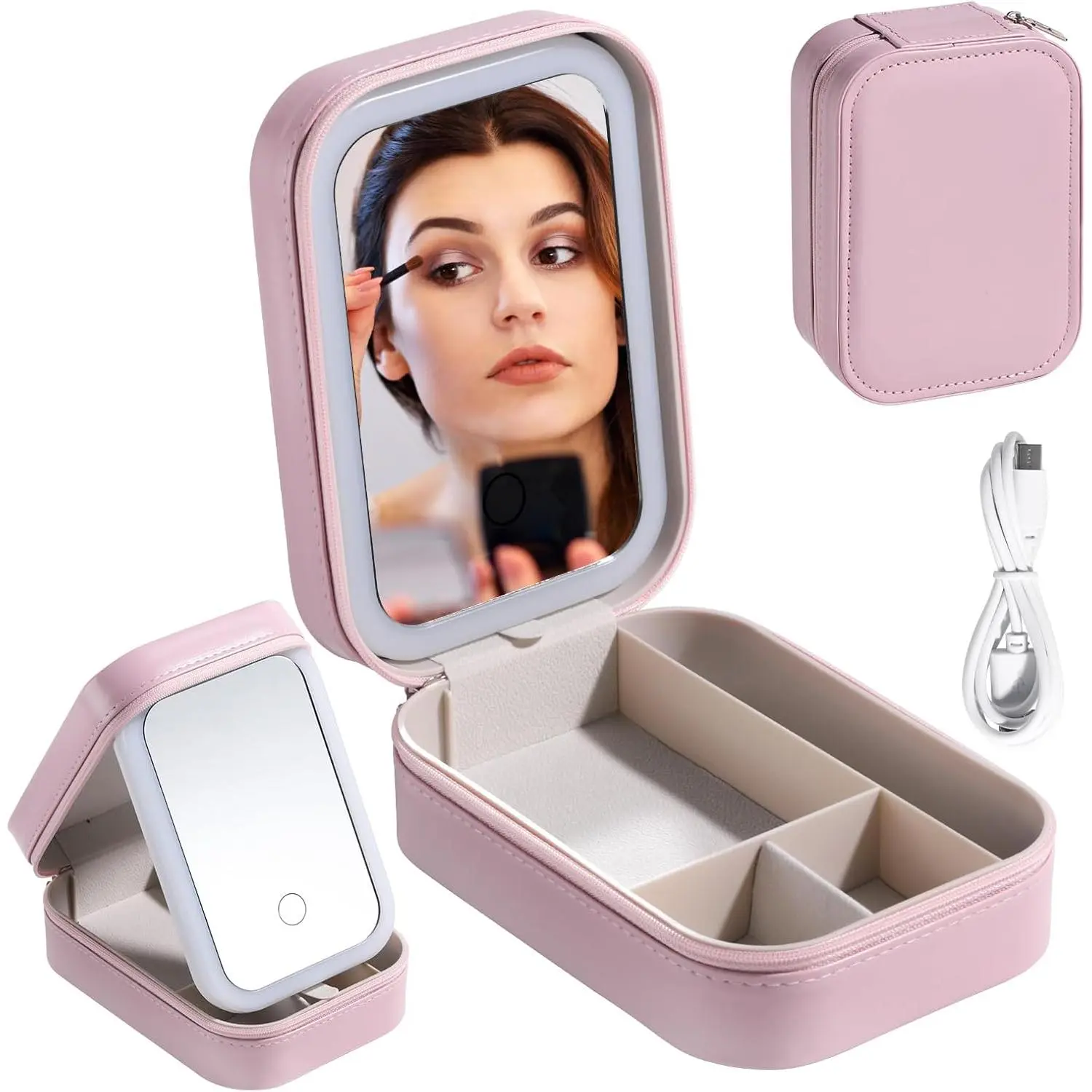 Travel Cosmetic Mirror Case LED Makeup Mirror Storage Case for Eyelash Station Makeup Brushes Cosmetic Tools Pink On-the-go Makeup Needs