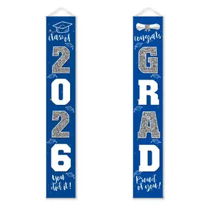 Graduation Decorations Class of 2026 | Congrats Grad Banner - Porch Sign Blue & Silver | Grad Party Decorations 2026 Graduates Party Supplies