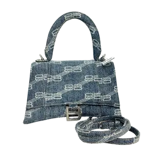 Pre-owned Balenciaga Hourglass Small Top Handle Bag Denim BB Monogram Silver Hardware | Authentic Luxury 9.0" L × 6.7" H × 3.9" D