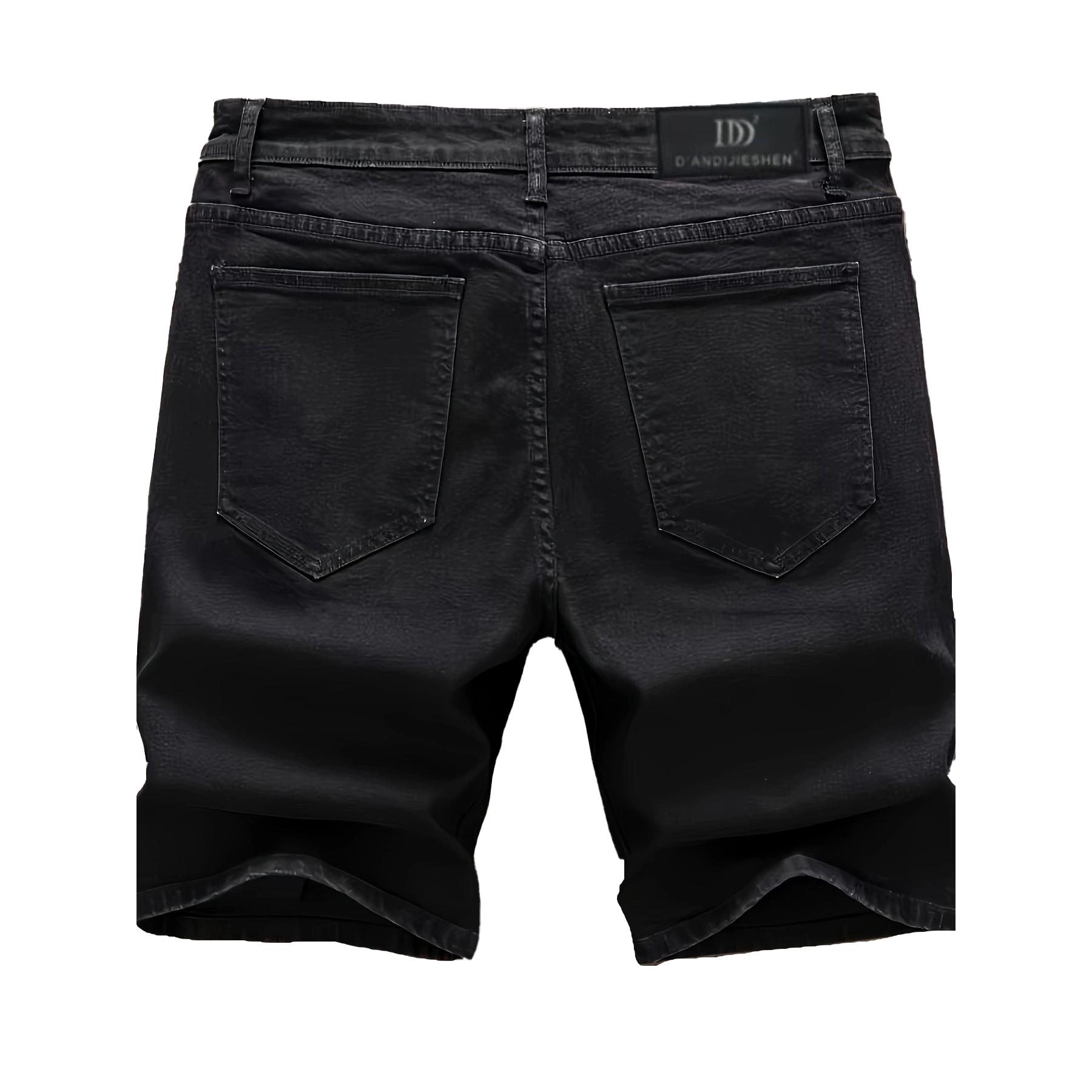 Men’s summer straight-leg black denim shorts with bear print, distressed/ripped details, European & American fashion trend