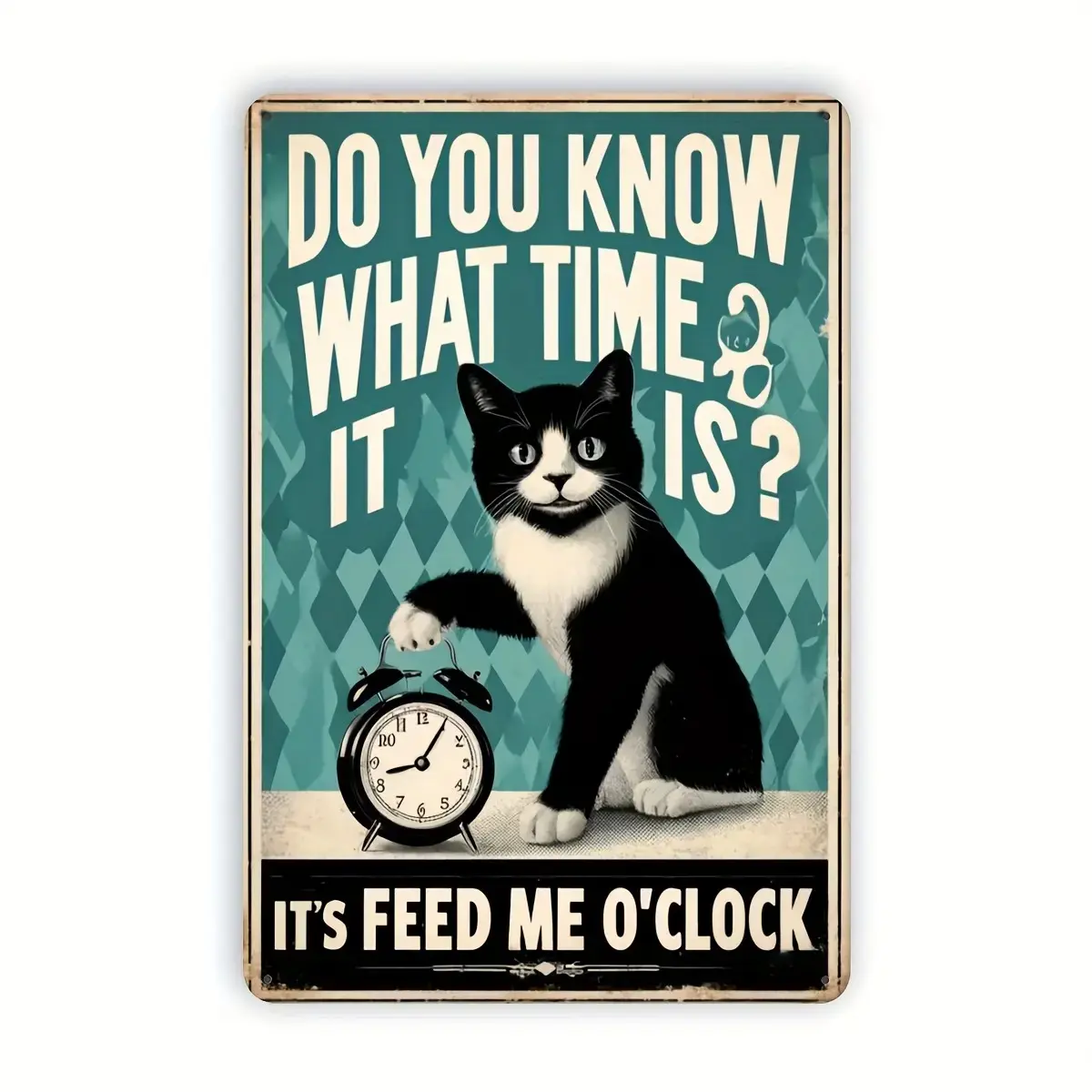 Vintage Tuxedo Cat 'Feed Me O'Clock' Metal Tin Sign - 8x12 in Anthropomorphic Home Sign, Cute Pet Home Kitchen Wall Decor Plaque, Ideal Gift for Cat Lovers, Anthropomorphic Home Signs