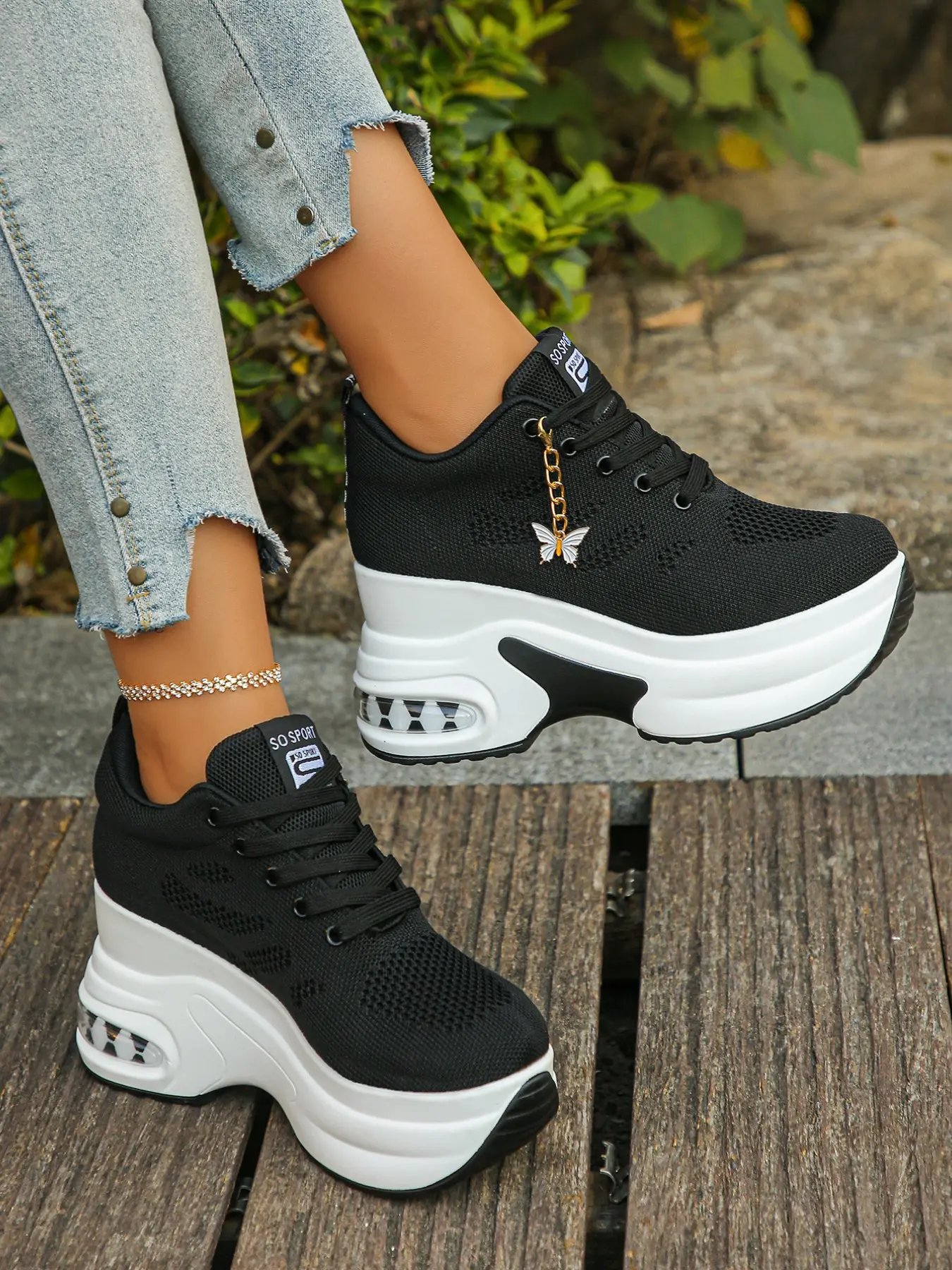 Women's Wedge Platform Hidden Heel Sneakers, Lace Up Sneakers, Walking Shoes, Casual Trainer Flyknit Hollow Mesh Breathable Lightweight Non-Slip Slip-On, All Seasons Sneakers