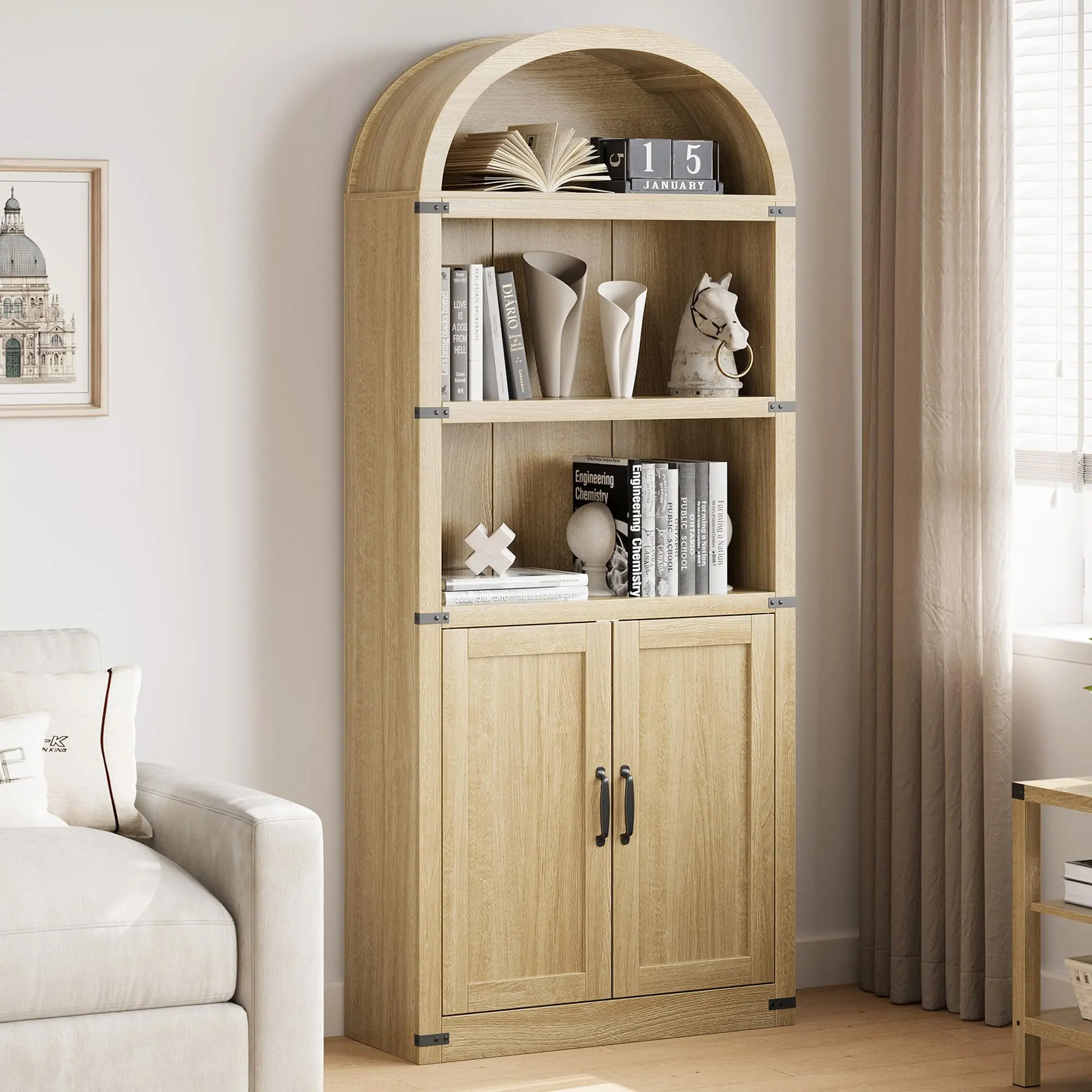 Light Oak 71.65"x29.92"x11.88" Wood Grain Farmhouse Bookcase with Doors - Stable, Space-Saving Arched Furniture with Multiple Shelves for Wood Book Organization, Home Office Study, Dining Room