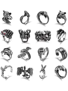 16Pcs Silver Goth Punk Rings Set for Men Women Frog Snake Butterfly Spider Eye Animal Ring Adjustable Punk Style Cool Gothic Dark Aesthetic Statement Stacking Rings Y2K Accessories Witchy Jewelry
