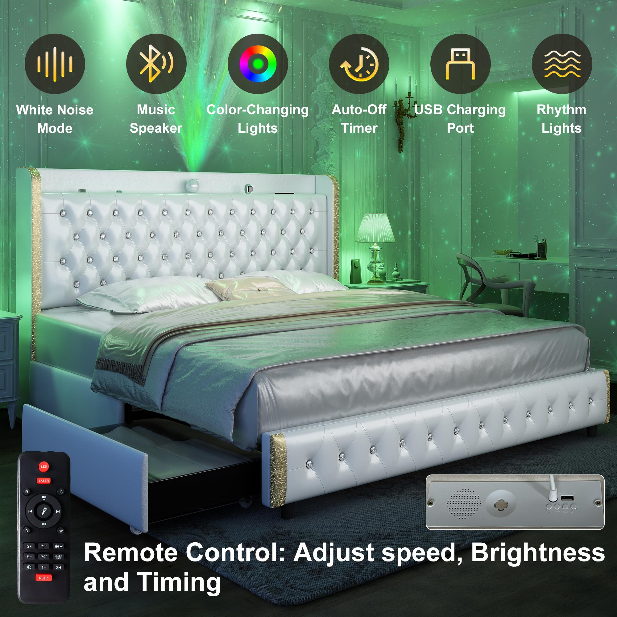GEGOFORU Queen LED Bed Frame with Galaxy Projector & Bluetooth Speaker, Upholstered Platform Bed with 46” Tall Headboard, USB Charging Station, Storage Drawers & Wood Slat Support,Silent & Noise,Velvet
