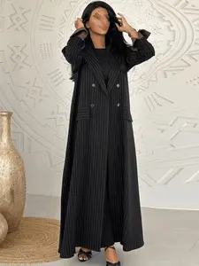 Fine Stripe Blazer Neck Long Coat Double-Breasted Elegance Dress Luxurious Commuter Slimming Women's Fashion