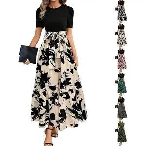 Long Floral Dresses for Women 2026 Business Casual Elegant Tie Waist Work Maxi Dress Short Sleeve Modest Flowy Dress