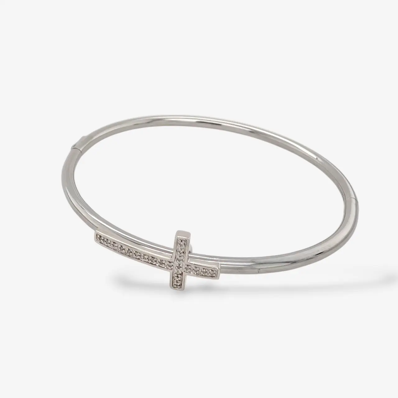 Pulsera (#18) Bangle Tubo Macizo (2 mm) c/ Placa de Diamantes Pave (0.10 Ct) - Plata