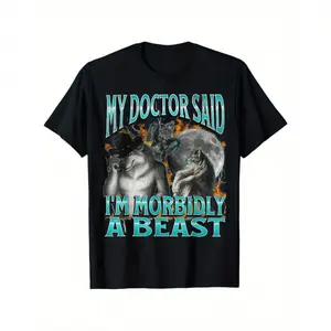 Funny Werewolf Meme T-Shirt "My Doctor Said I'M Morbidly A Beast" |   Men's Horror Comedy Heavyweight Cotton Tee |   Halloween/Dark Humor Gift for Werewolf Fans |   Sunset Graphic Casual Shirt graphic tee t shirt funny t shirt t shirts for men