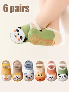 6 Pairs Kids Socks, Baby Toddler Non-Slip Indoor Floor Socks, Cartoon Animal Design, Unisex Fit Children Anti-Skid Socks for Boys & Girls