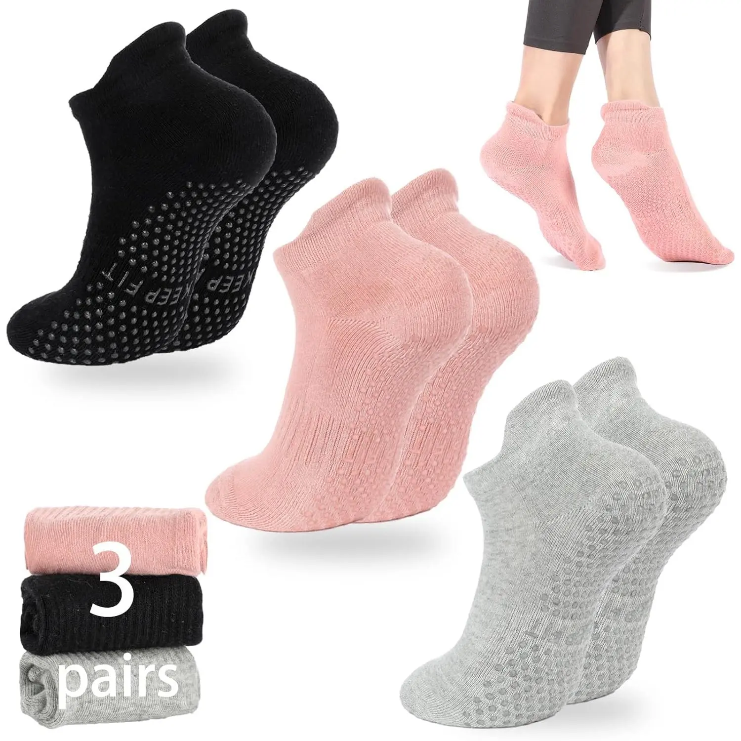 Lady's Comfortable Non-Slip Grip Athletic Socks for Fit Yoga, Pilates, Barre Ballet Workout, Cotton
