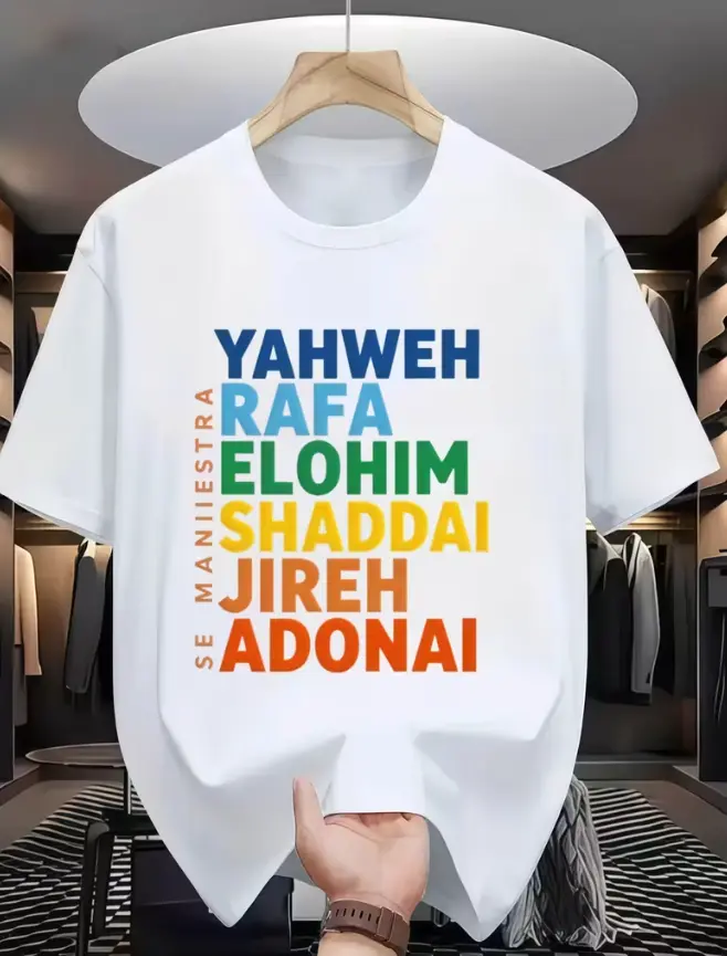Men's Hebrew God Names T-Shirt - YAHWEH ELOHIM SHADDAI ADONAI Print, Religious Apparel with Multilingual Scripture Design, Casual Round Neck Short Sleeve Tee Suitable for Seasons, Machine Washable