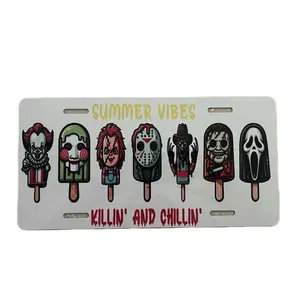 Classic Horror Movir Character Vanity License Plate - Front of Vehicle with "SUMMER VIBES" and "KILLIN' AND CHILLIN'" Text