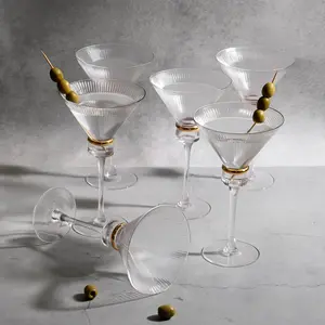 6-Pack Martini Glasses – 10oz Real Glass, Clear Ribbed Design with Gold Ring Accent, Elegant Cocktail Glasses for Martinis & Cosmopolitans – 8" Tall