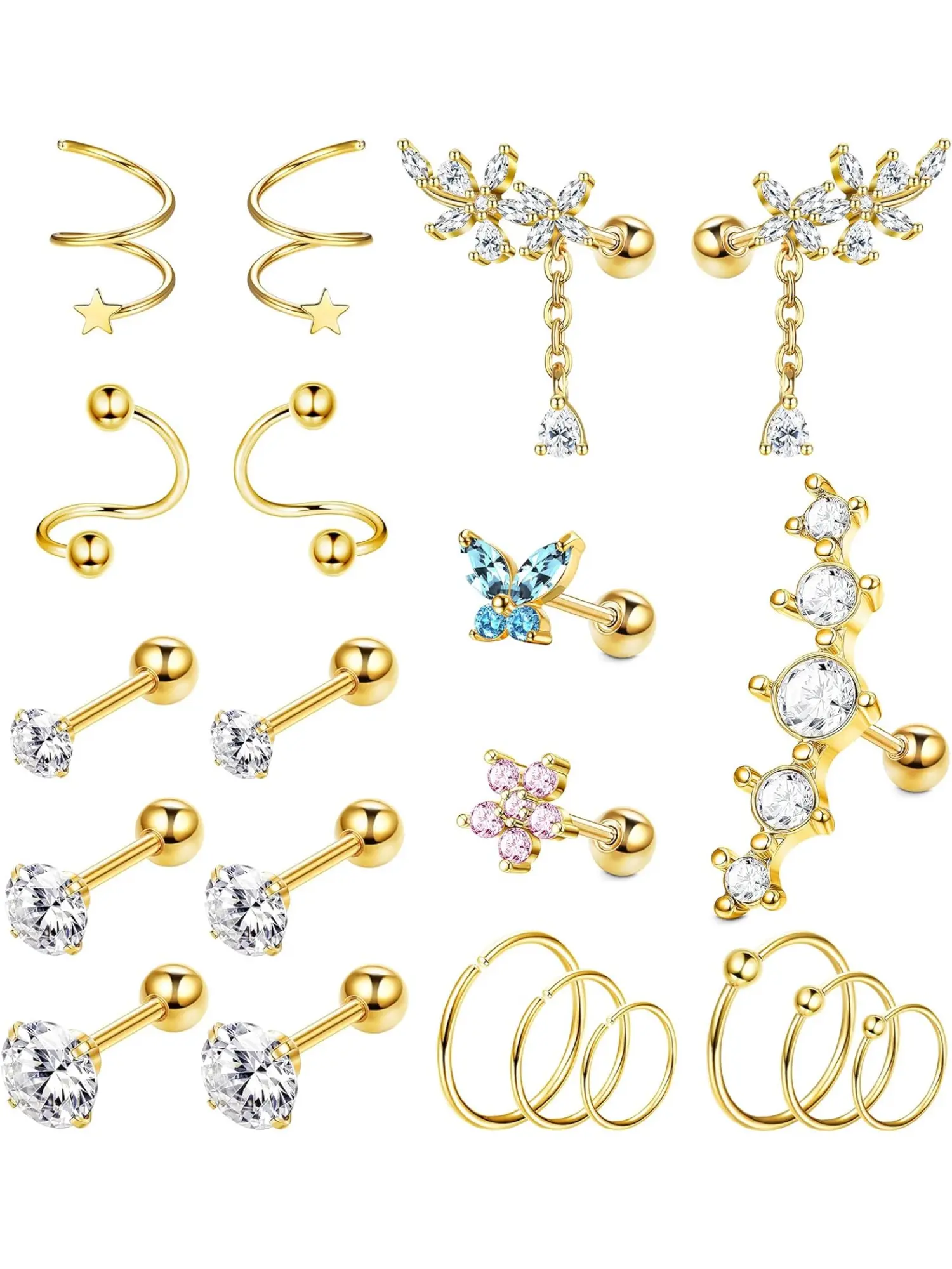 21Pcs Cartilage Helix Tragus Conch Piercing Jewelry for Women Stainless Steel Cartilage Earring Helix Hoop Earrings CZ Butterfly Curved Spiral Earring Set for Women