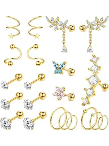 21Pcs Cartilage Helix Tragus Conch Piercing Jewelry for Women Stainless Steel Cartilage Earring Helix Hoop Earrings CZ Butterfly Curved Spiral Earring Set for Women