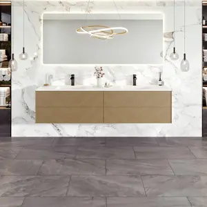 Lotus 71 in. Natural Oak Wall Mount Double Sink  Bath Vanity with Solid Surface Top and Integrated Sinks