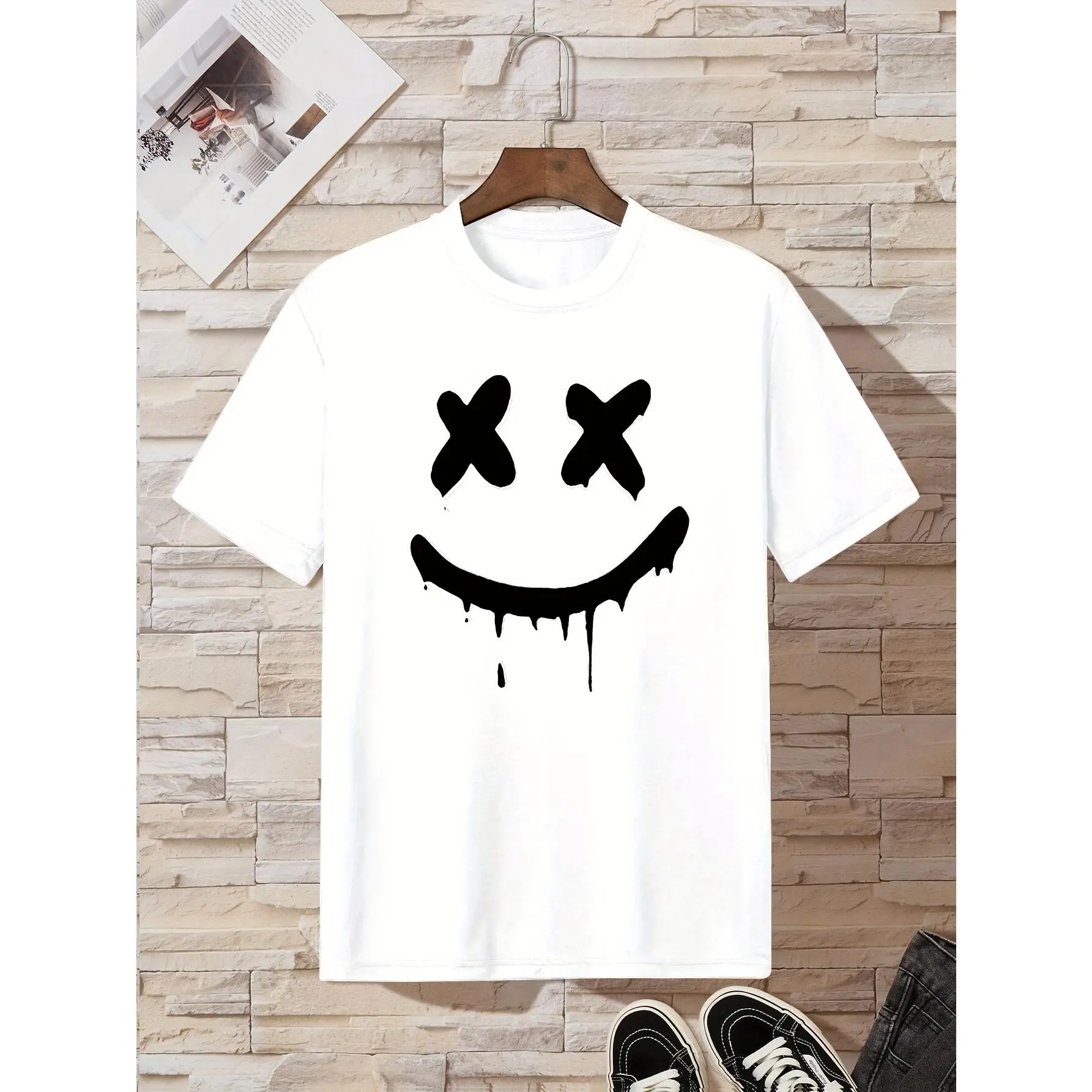 KUQIQIBOY Teen Boys' Casual Crew Neck Sports T-Shirt Clothing - 95% Polyester 5% Elastane Knit Fabric, Geometric Smile Drip Pattern, Regular Fit Spring/Summer Outdoor Tee
