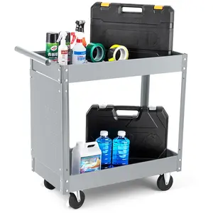 [fathers day gift]Heavy Duty 2-Tier Metal Utility Service Cart – 330 lbs Capacity, Steel, Rolling Tool Storage, 2 Shelf Design, Ergonomic Handle – For Garage, Workshop, Warehouse, Mechanic, Repair Shop