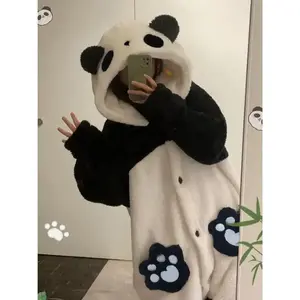 Hooded Panda Pajama Women's Autumn and Winter Coral Velvet, Robe Thickened with Velvet Home Clothes Hit  Dress Pants  Fabric Loungewear