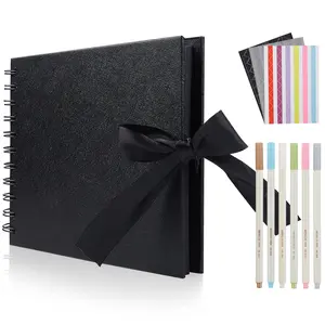 Small Scrapbook Photo Album with DIY Accessories Kit - 8.5 x 5.9 Inch 60 Pages Black Kraft Paper Memory Book for Anniversary Wedding Graduation Travel Love Memory