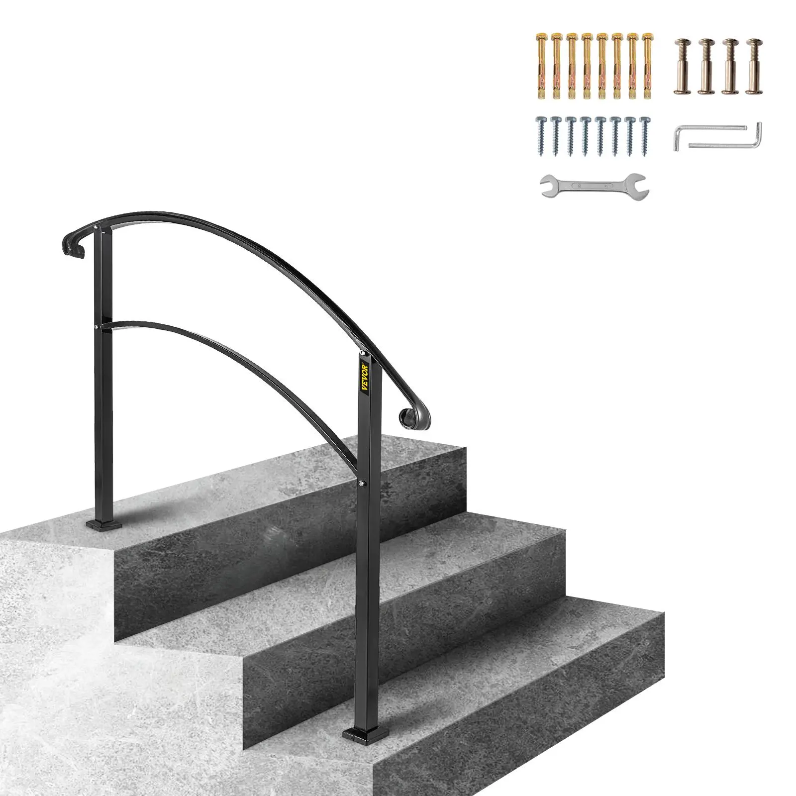 【SummerFinds】VEVOR Handrails for Outdoor Steps,  , Fit 1 or 3 Steps Outdoor Stair Railing, Black Wrought Iron Handrail, Flexible Front Porch Hand Rail, Transitional Handrails for Concrete Steps or Wooden Stairs