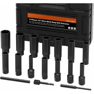 17 count 1/2" Drive Deep Bolt Extractor Set (85mm Length), Cr-Mo Steel Spiral Socket Set for Removing Damaged, Frozen, Rusted, Stripped & Rounded-Off , Nuts & Screws