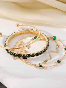 4pcs Fashion Vintage High-End Emerald Diamond Snake Bracelet Set, Alloy Material, Elegant Jewelry for Women, Perfect Gift Idea