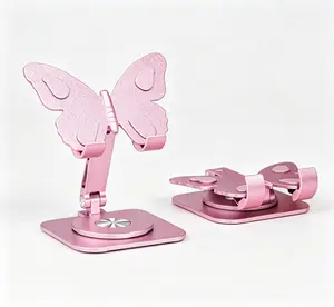 Butterfly Shaped Phone Stand, Universal for All Smartphones, 360° Rotatable Adjustable Aluminum Holder, Foldable Portable Desktop Stand, Great for Home Office Travel & Pink Gift,cute room stuff