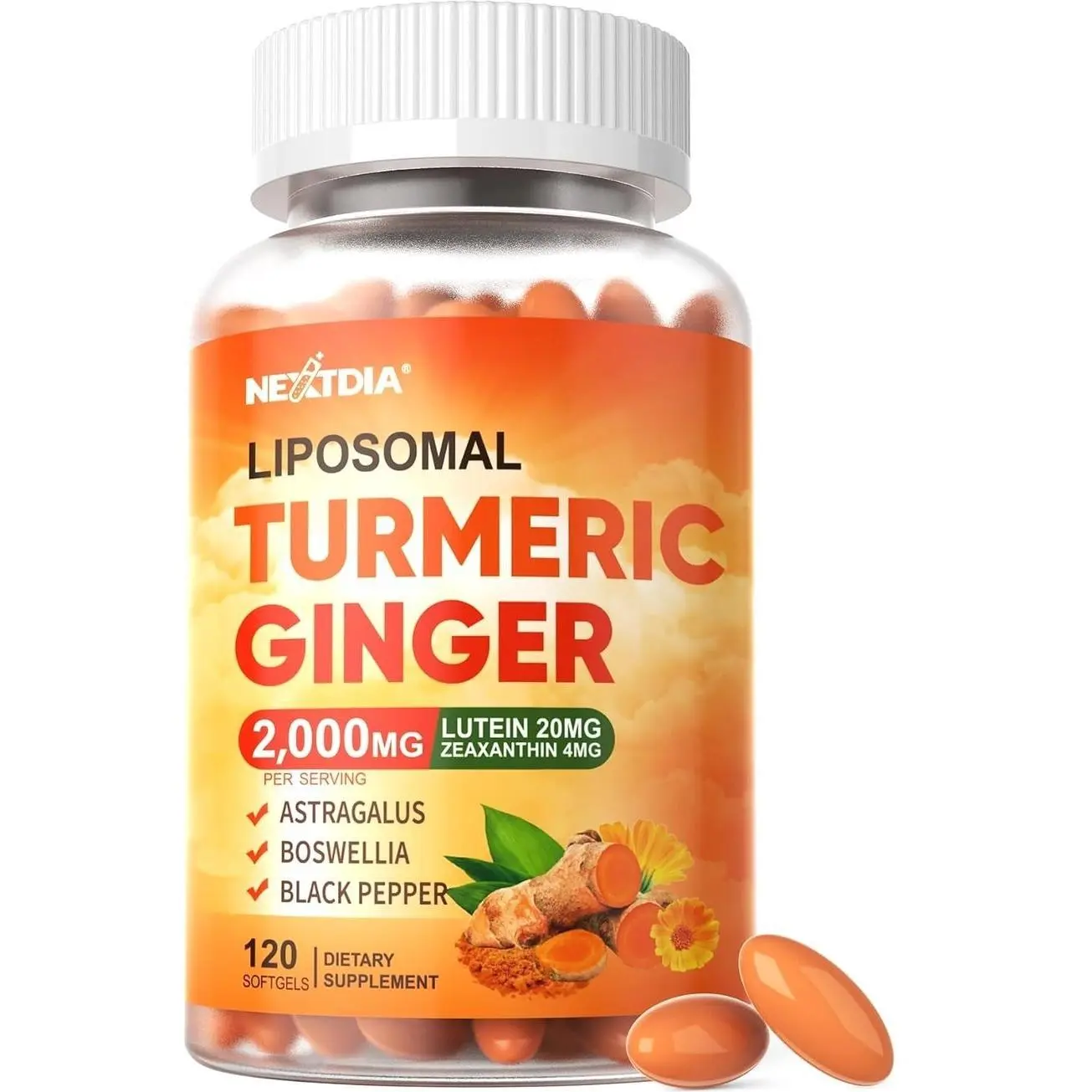 Liposomal Turmeric Curcumin and Ginger Supplement Softgels 2000mg, 95% Curcuminoids, Organic Turmeric Root Extract with Black Pepper for Superior Absorption, Plus Lutein Zeaxanthin, Non-GMO, 120 Pills