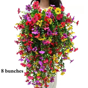 2/6/8 bundle Artificial Hanging Flowers Plants,Chrysanthemum with Eucalyptus Leaves, for Outdoor Autumn Decoration, UV Resistant, Realistic Appearance, Long Drooping Vines, Suitable for Outdoor & Indoor Planters, Porch, Balcony Yard Decoration SummerVibes