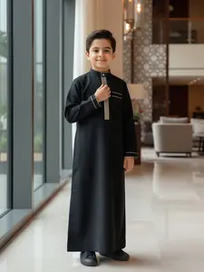 Muslim Traditional Black Thobe for Boys 8-12Y Embroidered Stand Collar Long Sleeve with Pockets Daily & Party Wear