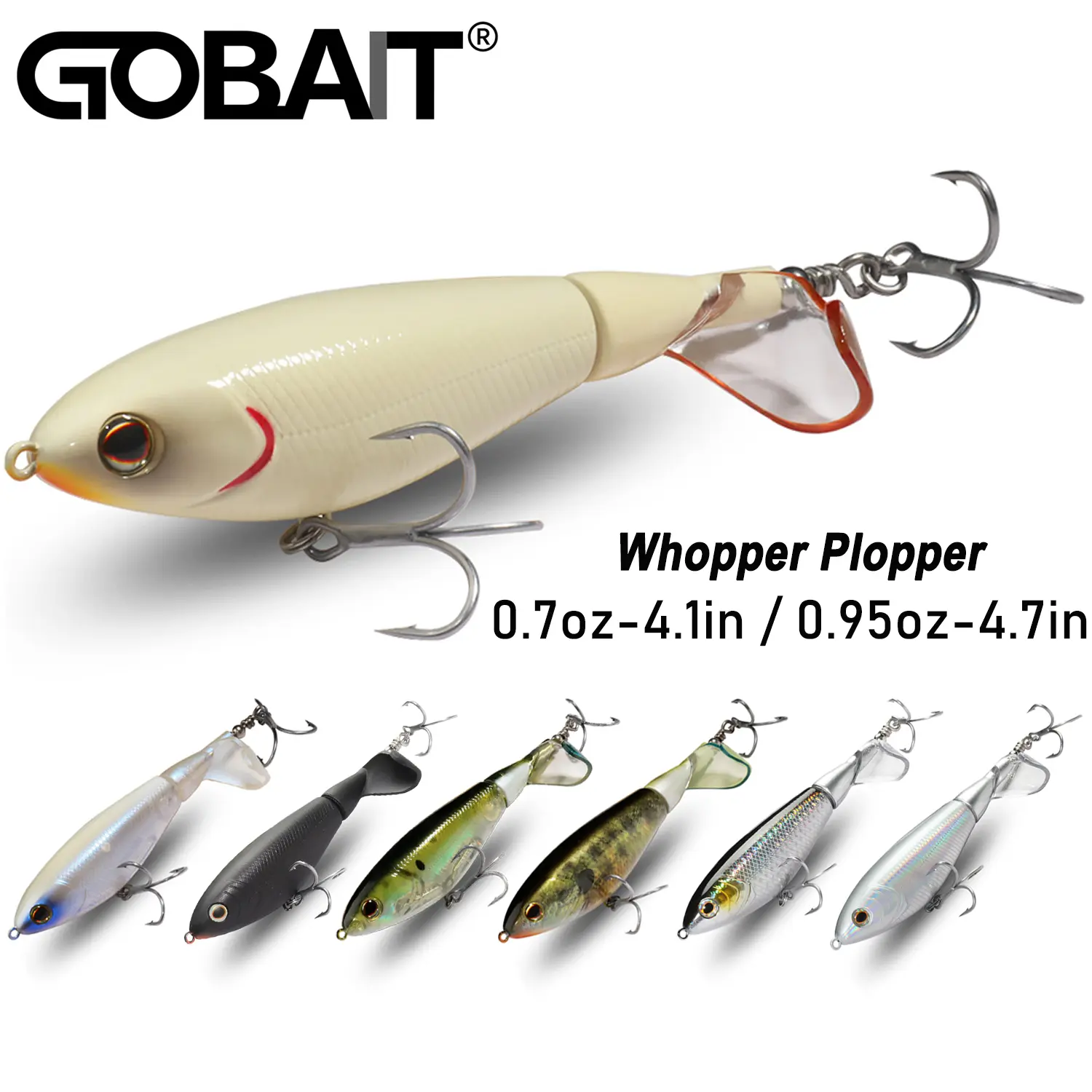 GOBAIT Topwater Plopper Lure, 4.1" Big Fish Profile Hard Bait with a Rotating Propeller Tail, 3D Holographic Eyes & Premium Sharp Hooks for Bass & Pike, Outdoor Fishing Equipment