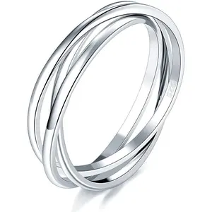 Sterling Silver Ring, 14K Gold Plated Fidget Anxiety Ring, Triple Row Rolling Interlocking Stacking High Polish Band for Women, Men| Each Band Width 1.8mm 3mm Size 4-12