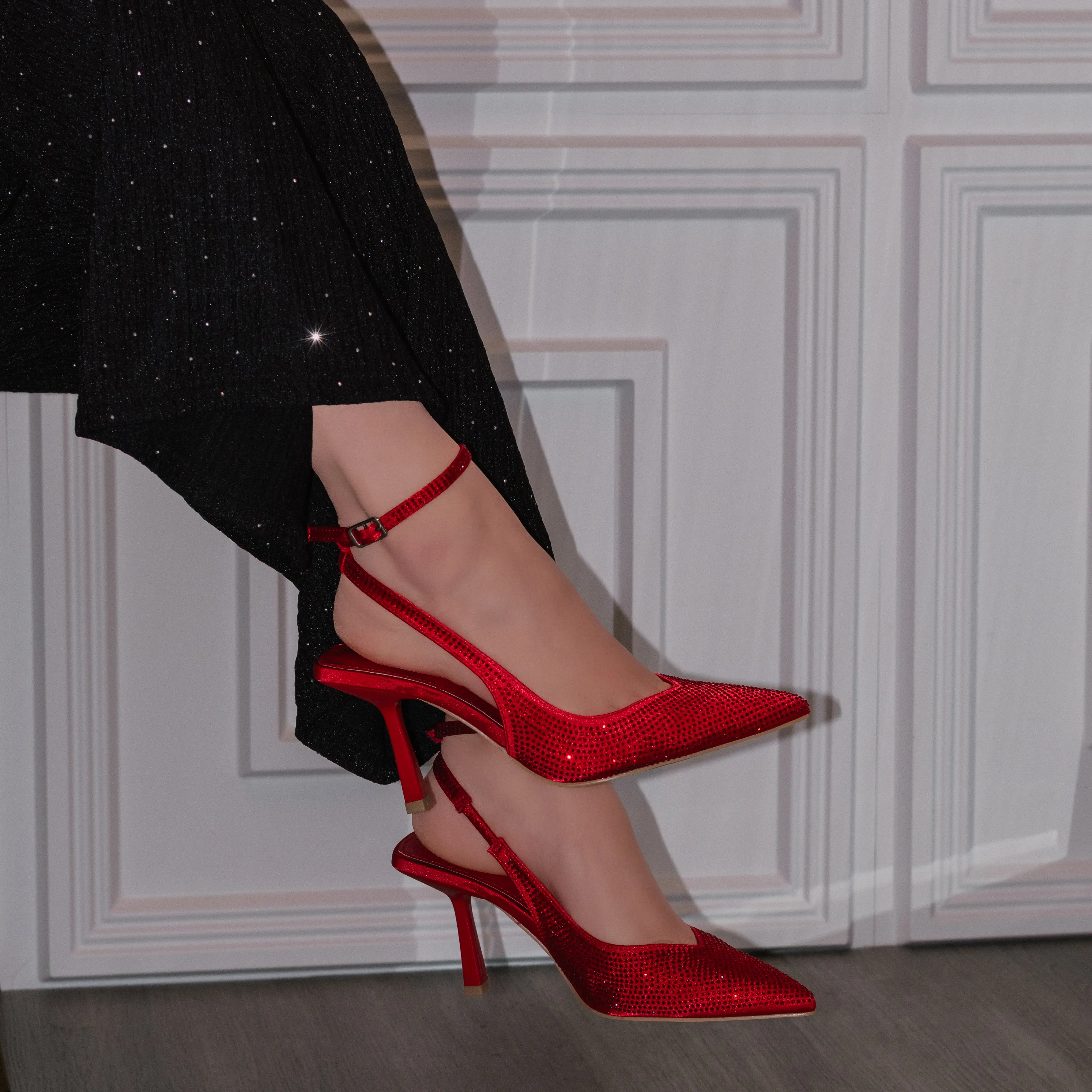 Jayleen - Women's Pointed Toe Rhinestone Pumps Ankle Strap Stiletto Summer Slip On Elegant Design Comfortable Walking Shoes
