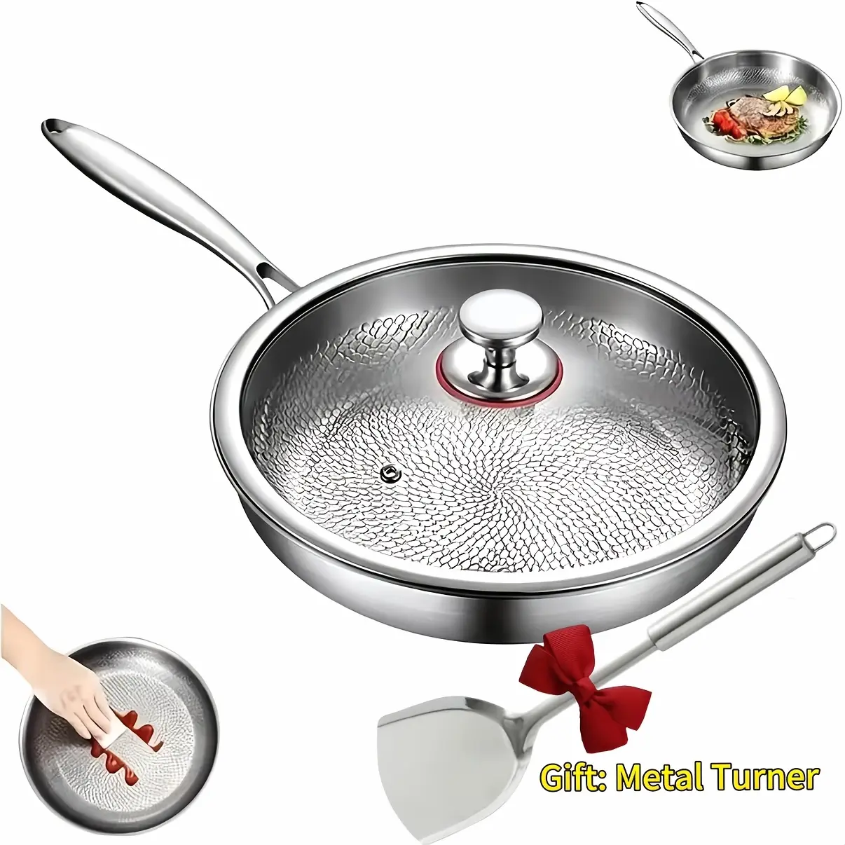 2026 Hot Selling New Titanium Frying Pan Hammered Texture with Lid And Spatula Gift, Upgraded Version of Non-Coated Non-Stick Titanium Pot, Matching Heat-Resistant Hollow Handle Glass Lid, Super Durable, Scratch-Resistant, Suitable for All Stoves