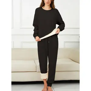 Plus Size Two-Piece Set: Solid Drop-Shoulder Thermal-Lined Sweatshirt & Drawstring-Waist Sweatpants, Casual Fashion Two-Piece Outfit for Everyday Outdoor Wear, Women’s Plus Size Clothing for Winter