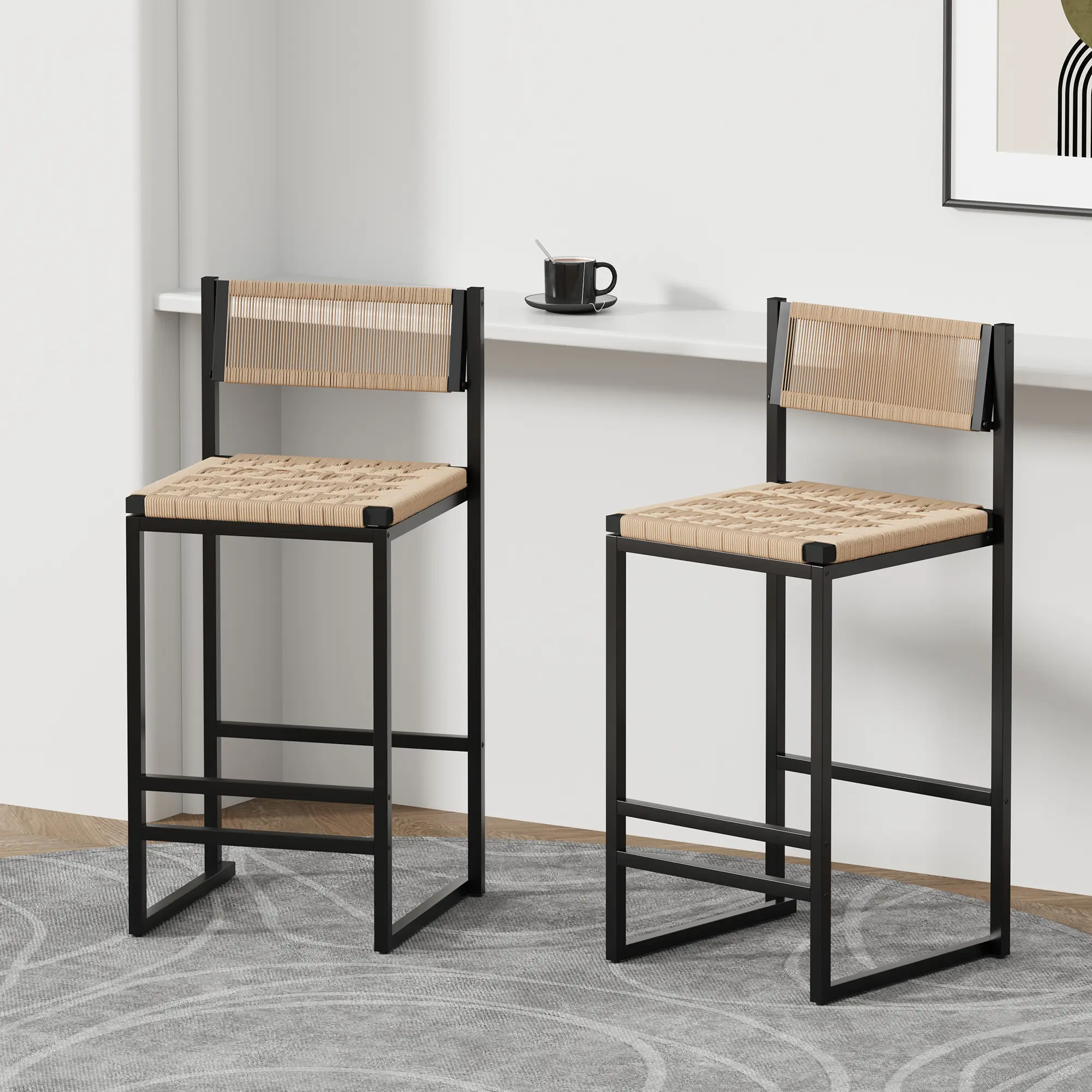Spaco 2-Piece Modern Counter Height Black Barstools - Honey Paper Rope Woven Indoor Kitchen Dining Chairs with Footrest