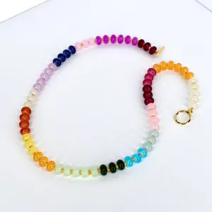 Colorful Glass Beaded Necklace with Gold Clasp - Bead String, Brightly Colored, Colorful Adjustable Costume Jewelry Accessory, Bead String Necklaces, Brightly Colored Necklaces