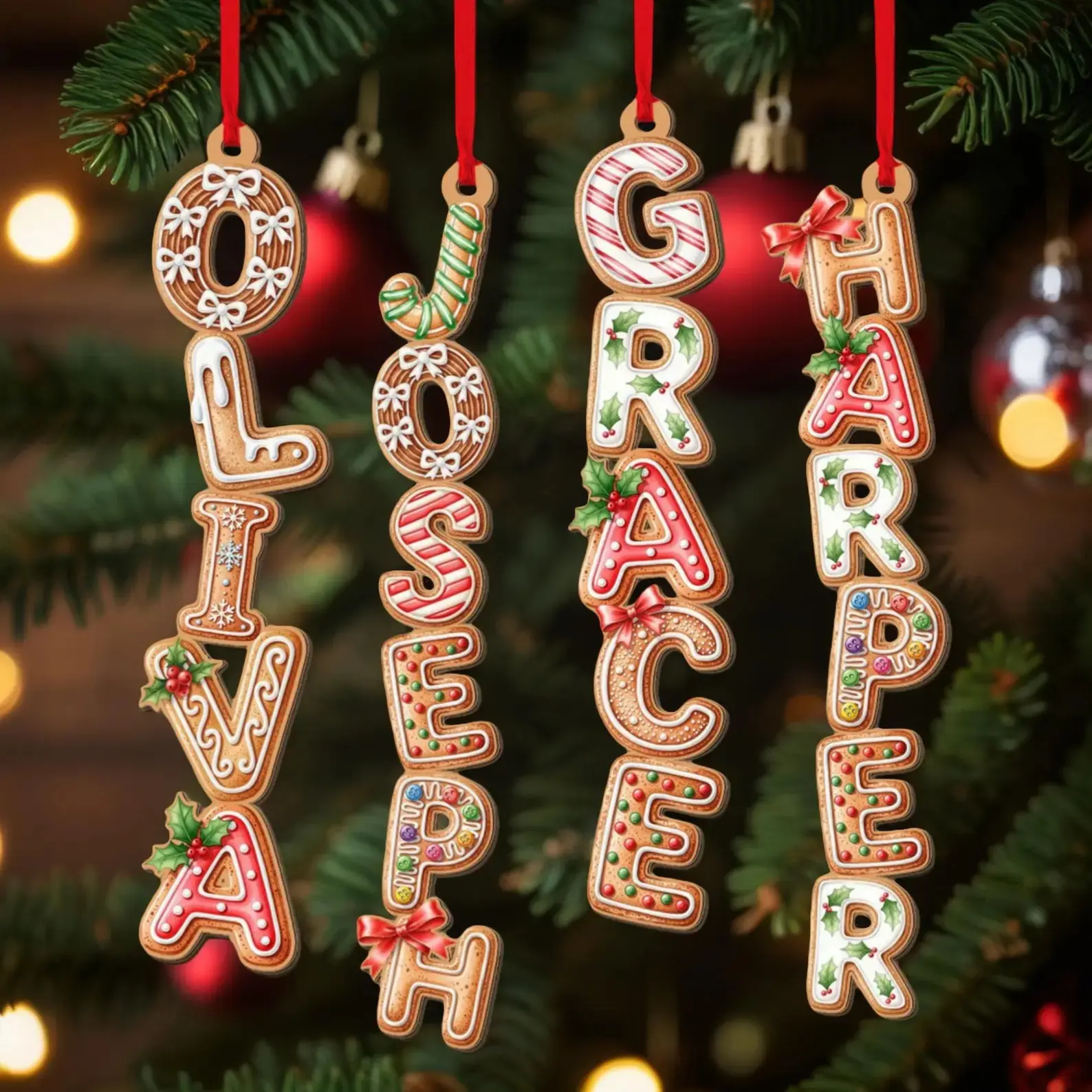 Christmas Gingerbread Letter Ornaments Alphabet A to Z Personalized Family Name Initial Xmas Tree Hanging Decor Holly Berry Snowflake Bow Wreath Winter Home Decoration Gift Set