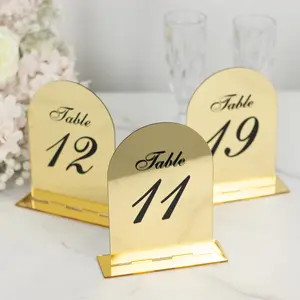 Wedding Table Numbers 11-20 – Gold Mirror Arch Acrylic with Black Print & Stands for Elegant Receptions - 6"x7"