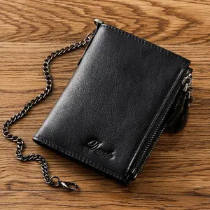 RFID Leather Wallet for Men, Top Layer Cowhide, Chain Attachment, Zipper Coin Pocket, Anti-Theft Card Slot, Durable and Secure Design