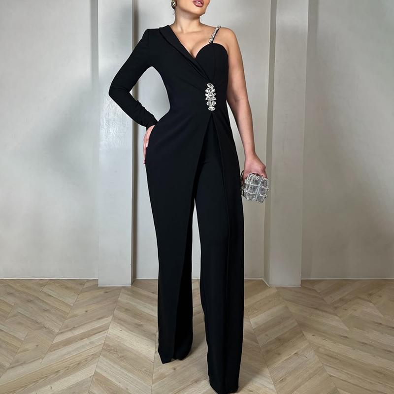 ChicMe Women's One Shoulder Rhinestone Decor Jumpsuit Casual Long ...
