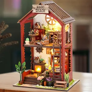 DIY Wooden Book Nook Kit, DIY Miniature House Kit with Light, 3D Desktop Decoration Ornament, DIY Model Kit for Bookshelf Decoration, House Building Kit