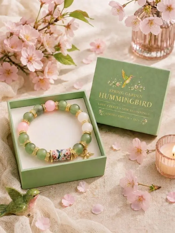 Limited edition hummingbird floral stone bracelet with a 3D hummingbird pendant, gift box packaging—a meaningful birthday present and a healing piece for your best friend.